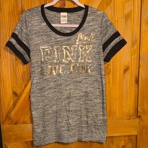 PINK Victoria's Secret Gray Ringer Tee with Black Trim & Gold  Logo
